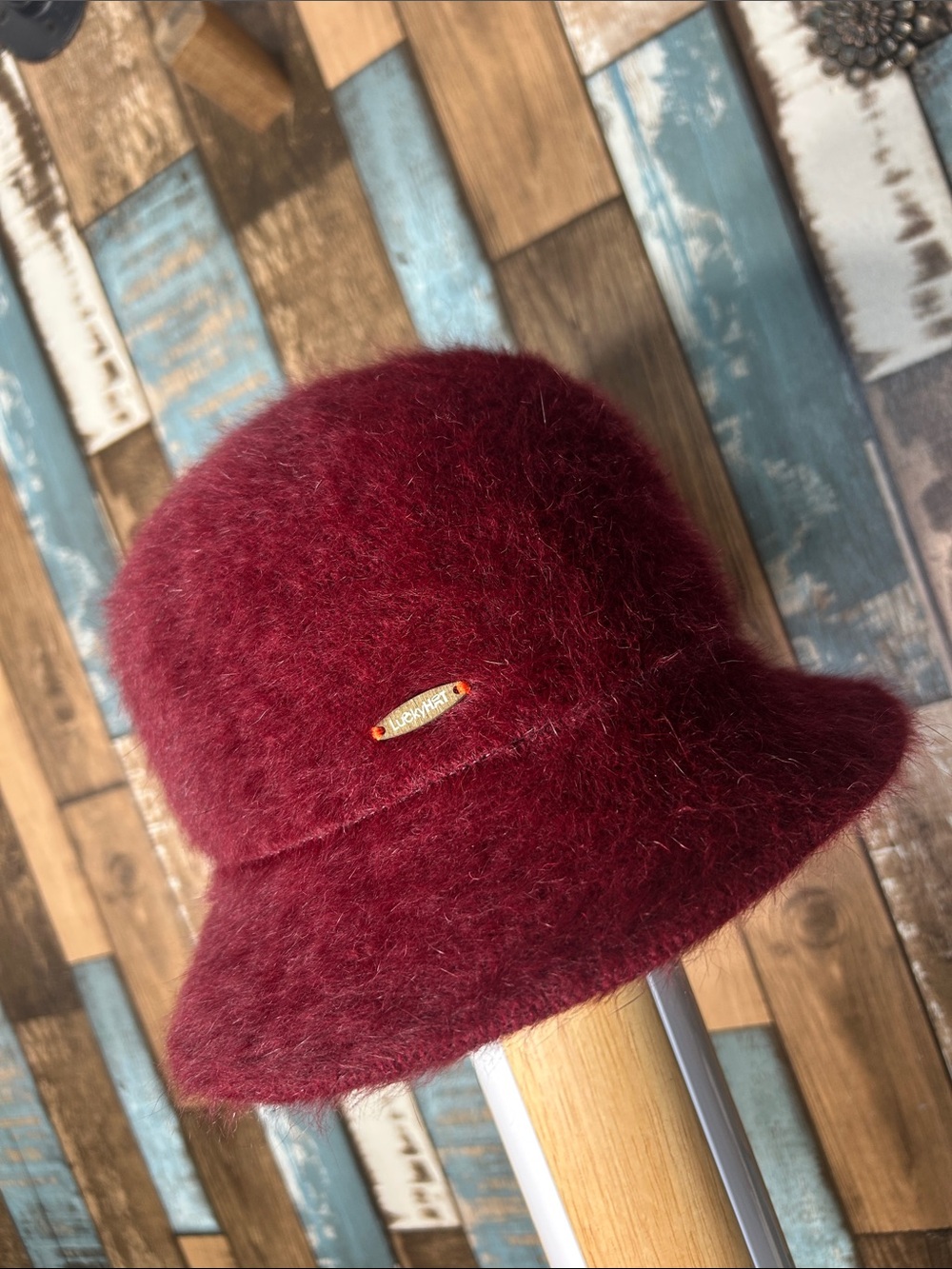 Lucky Brand Burgundy Fuzzy Cloche Hat with Logo Plaque